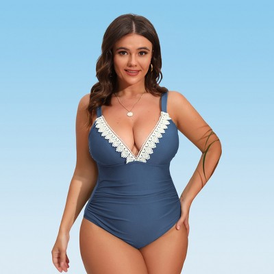 Women's Plus Size Lace V-Neck Shirred Tummy Control One-piece Swimsuit -  Cupshe-2X-Blue