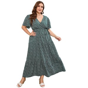 Garvee Women Plus Size V Neck Wrap Maxi Dress High Waist Ruffle Summer Casual Dress with Belt Short Sleeve - 1 of 4
