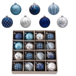 Aoibox 16 Piece Navy Blue and Silver Shatterproof Christmas Ornaments Set 3.15 Inch Plastic Ball Tree Decorations for Holiday Decor - 1 of 4