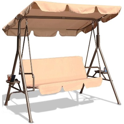 Outdoor 2-Seat Swing with Teapoy Weather Resistant Canopy Powder Coated Steel Frame Patio Swinging Hammock with Stand and Removable Cushion