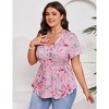 Women Plus Size V Neck Button Tunic Tops Flower Print Casual Short Sleeve Swing Flowy Tunic Henley Shirts - 2 of 4