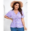 Coolmee Women's Plus Size Shirts V Neck Front Drawstring Casual Tunic Tops Short Sleeve Tightened Waist Floral Print Swing Blouse 3XL Purple - 3 of 4