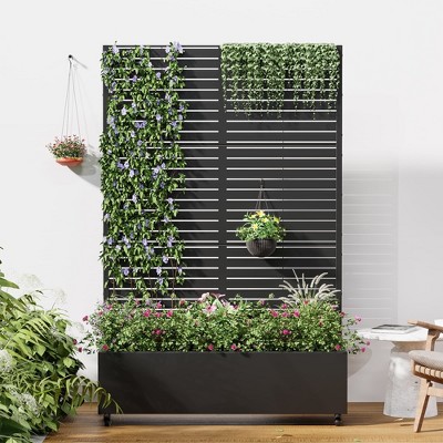 SpassWay Metal Planter Box with Trellis Raised Garden Bed with Arbor Privacy Screen Black/Gray/brown