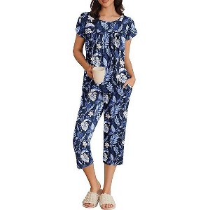 Ekouaer Womens Pajama Set Short Sleeve Sleepwear Pleated Floral Pjs Set Capri Pants Lounge Sets with Pockets - 1 of 4