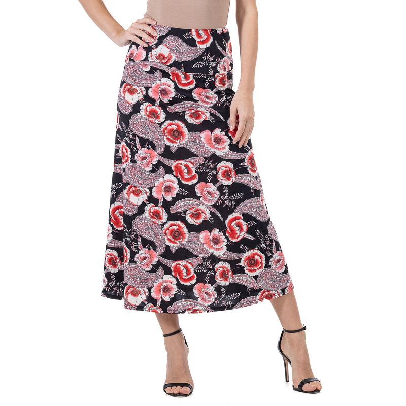24seven Comfort Apparel Womens Black and Red Floral Maxi Skirt, 1 of 5
