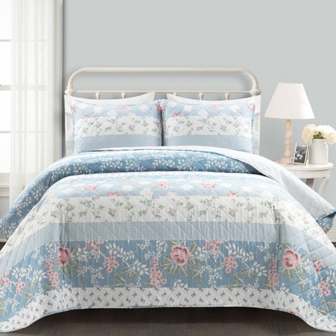 Lush D cor 3pc King Cottage Core Flower Stripe Oversized Reversible Quilt Set Blue Dusty Pink