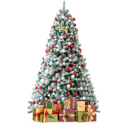 Tangkula 6FT Snow Flocked Artificial Christmas Hinged Tree Pre-lit Artificial Xmas Full Tree with 928 Branch Tips
