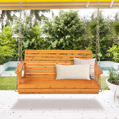 Orange Fir Wood 2-Person Porch Swing Chair with Adjustable Chains