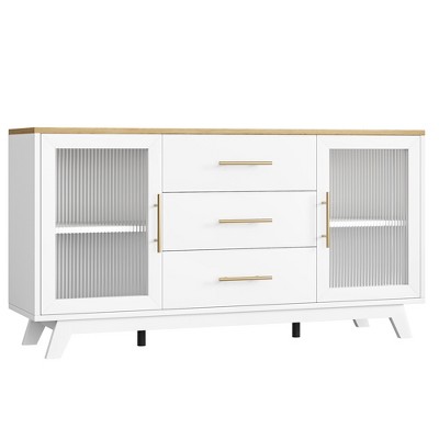 Buffet Cabinet with Storage, 60" Sideboard Cabinet with 2 Fluted Glass Doors and 3 Drawers, Coffee Bar Station with Adjustable Shelves, Natural