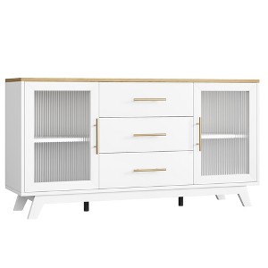 Buffet Cabinet with Storage, 60" Sideboard Cabinet with 2 Fluted Glass Doors and 3 Drawers, Coffee Bar Station with Adjustable Shelves, Natural - 1 of 4