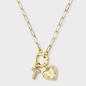 14K Gold Dipped Cubic Zirconia Puffy Heart Charm Initial Necklace - A New Day™ Gold - 1 of 4