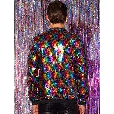 Lars Amadeus Men's Zip Up Long Sleeves Party Disco Sparkly Sequin Bomber Jacket Multicolor Large — фото 3