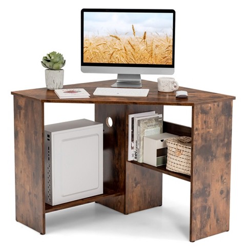 Triangle Corner Computer Desk with Keyboard Tray - Rustic Brown