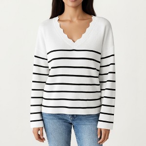 Anna-Kaci Women's Long Sleeve Striped Knit Top with Scalloped V-Neckline and Soft Textured Fabric for Effortless Everyday Style - 1 of 4
