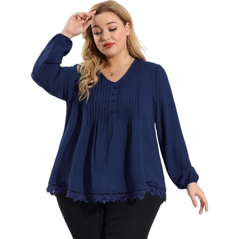 Great Choice Products Women Plus Size Tops Long Sleeve Dressy Fall V Neck  Basic T Shirts Dark Blue 2X