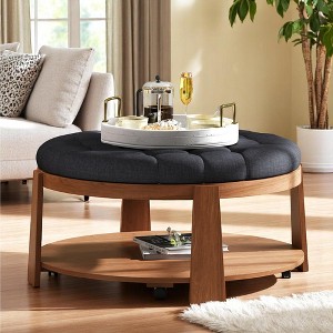Mshliw Modern 36" Round 2-Tier Ottoman Coffee Table with Wheels, Button Tufted Waterproof Linen Top & Wood Storage Shelf for Living Room - 1 of 4