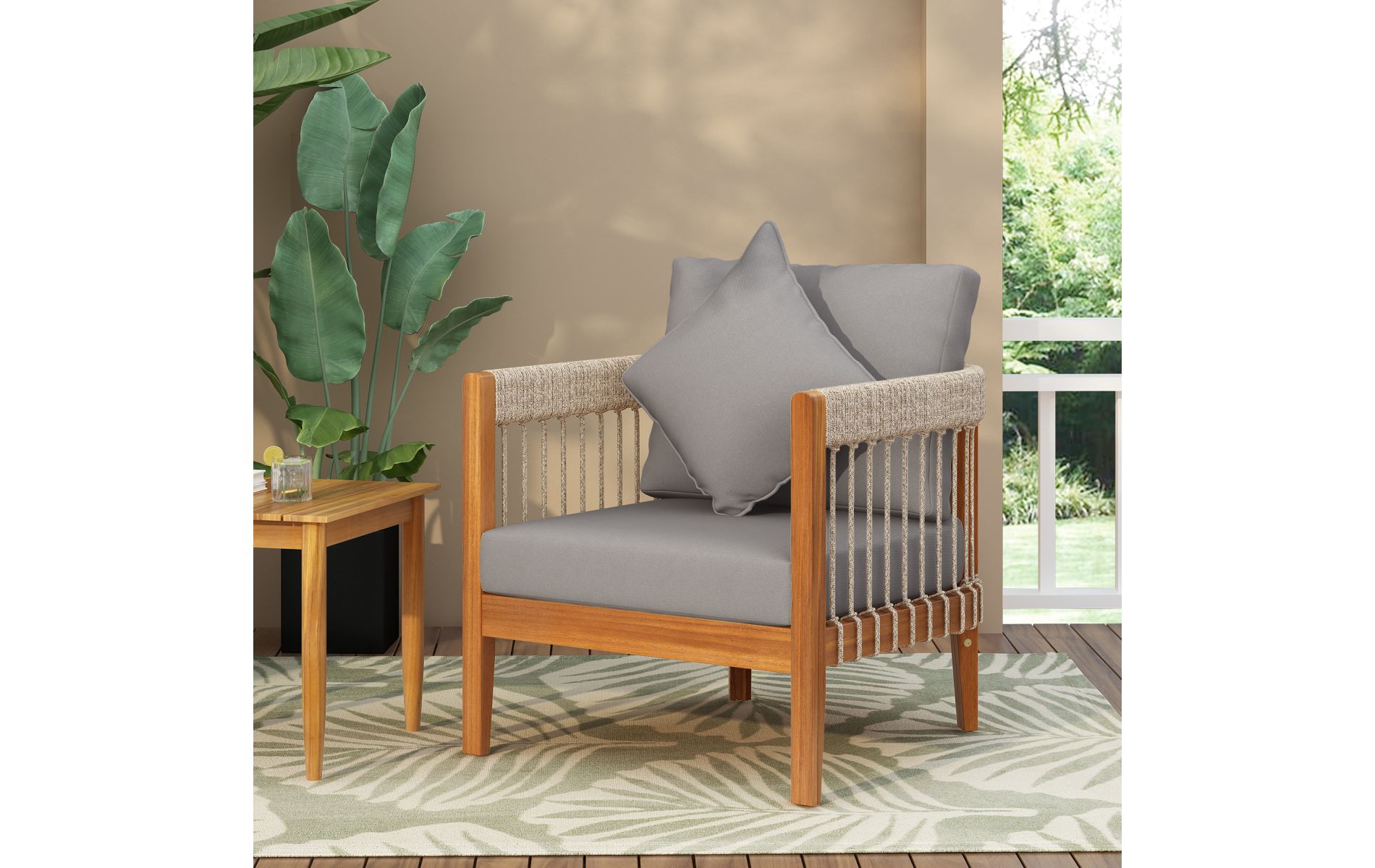Acacia Wood Outdoor Club Chair with Natural Handwoven Rope & Waterproof Gray Cushion, 28"W Patio Lounge-3irtyhousy