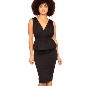 Slickblue Black Peplum Midi Dress, Stretchy Fabric with Shirring & Ruffles, Ideal for Evening & Formal Looks, S-M - 1 of 4