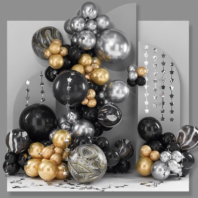 PartyWoo Balloon Arch Kit Black Gold 4D Marble Chrome Metallic Silver Star 140 pcs