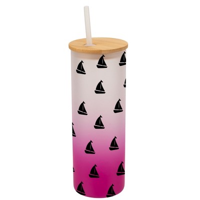 Elanze Designs Nautical Sailboat Ocean Sea Life Wrap-Around Design 25 Ounce Frosted Gradient Glass On-The-Go Coffee Travel Skinny Tumbler Mug Cup,