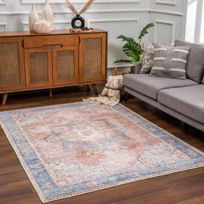Rosman Blue and Beige Washable Vintage Area Rug