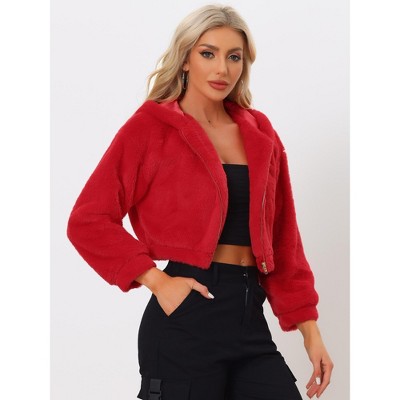 INSPIRE CHIC Women's Casual Hooded Zip Up Long Sleeve Cropped Faux Fur Jacket Red X-Small — фото 2