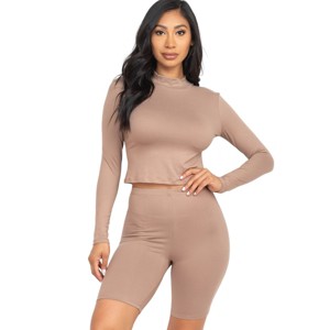 Slickblue Women's 2-Piece Mock Neck Top & Biker Shorts Set Stretchy Polyester Spandex Active Lounge Color & Size Options - 1 of 4
