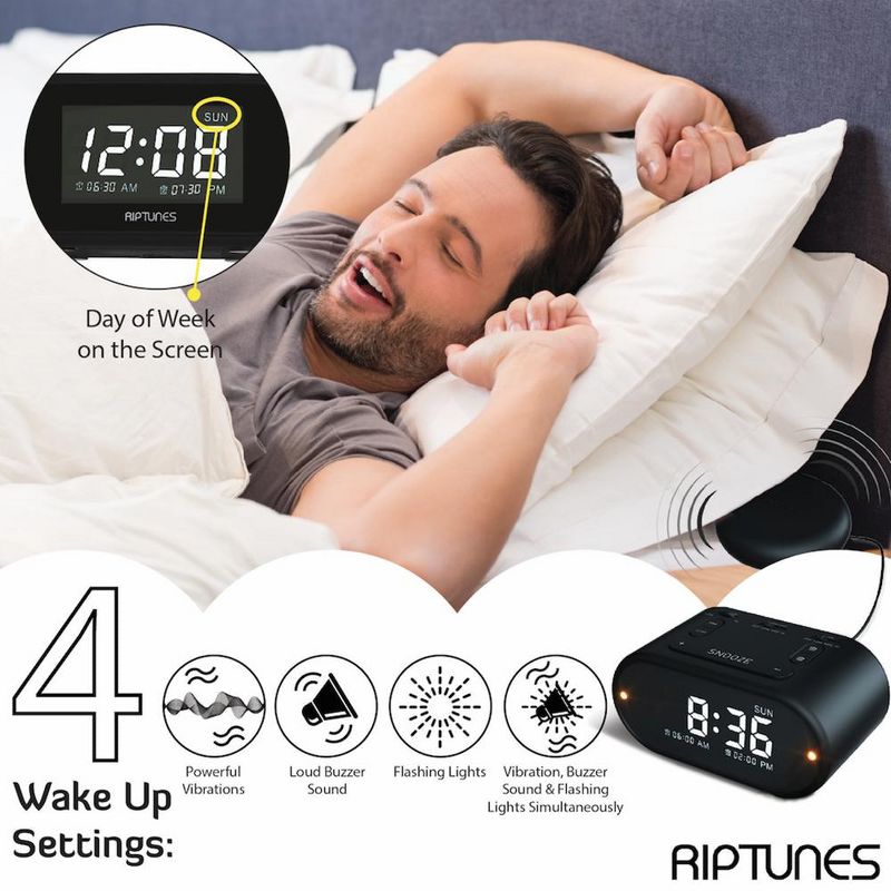 Riptunes 3-in-1 Vibrating Alarm Clock with Bed Shaker - Black, 2 of 5