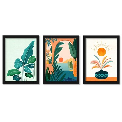 (set Of 3) Sunny Views By Modern Tropical Black Framed Triptych Wall ...