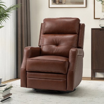 Basilio 28.74" W Tufted Genuine Leather Swivel Rocker Recliner with Nailhead Trims | ARTFUL LIVING DESIGN