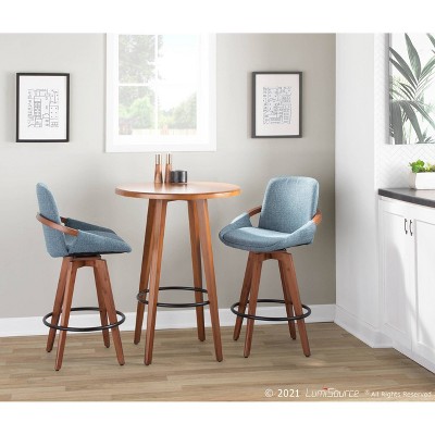 Walnut and Blue Mid-Century Modern Swivel Counter Stool