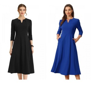 Allegra K Women's Elegant Split Neck Side Zipper Pockets 3/4 Sleeve Work A-Line Dress 2 Packs - 1 of 4