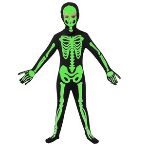 Joyfy Glow in The Dark Skeleton Costume for Kids | Glowing Bone Jumpsuit with Mask | Halloween Night, Trick or Treat Light Up Outfit - 1 of 4
