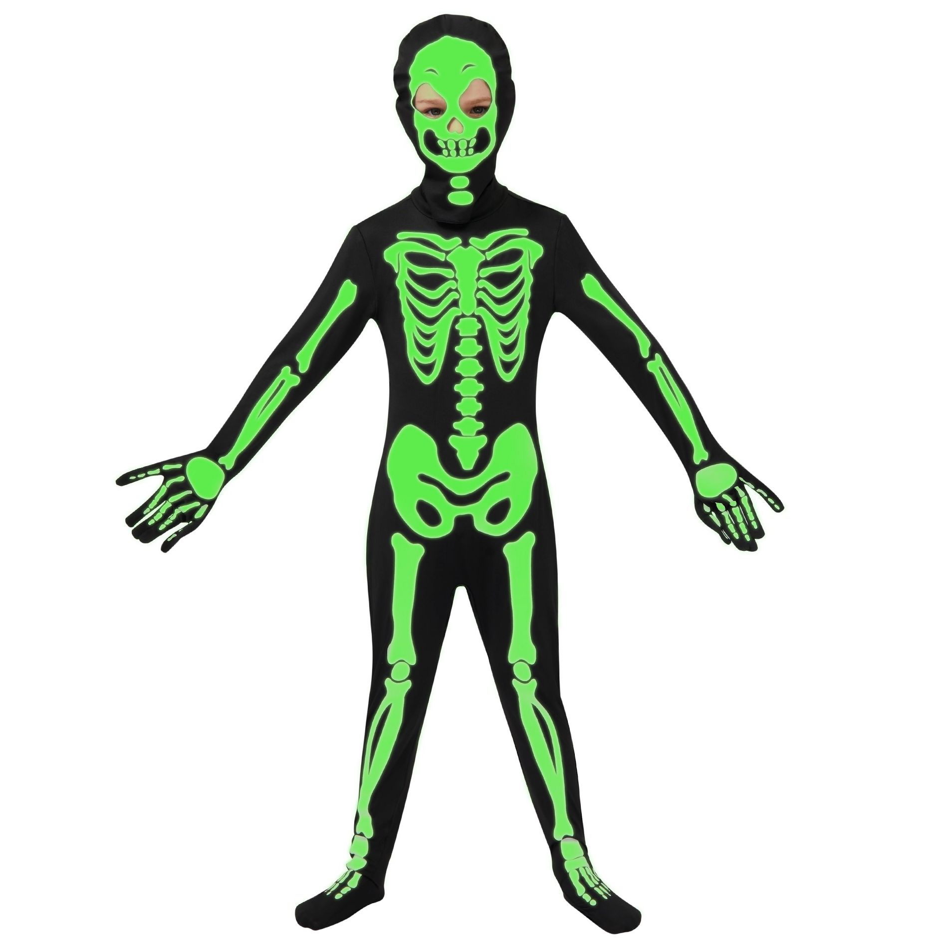 Joyfy Glow in The Dark Skeleton Costume for Kids | Glowing Bone Jumpsuit with Mask | Halloween Night, Trick or Treat Light Up Outfit