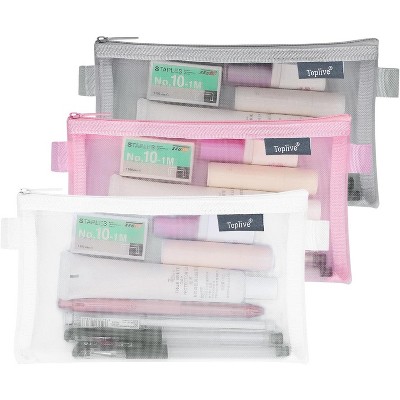 Fmeida 3 Pieces Pencil Case Set, Clear Exam Pencil Pouch, Nylon Mesh Zipper Pen Case Bag Black