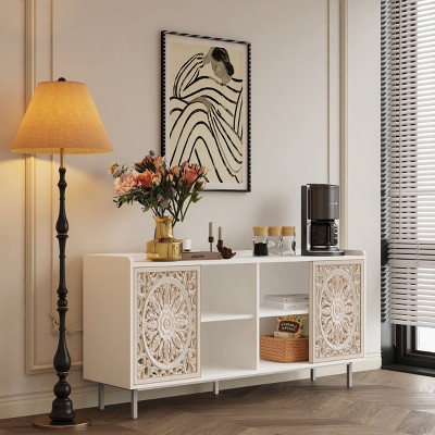 Mid Century Modern Storage Cabinet with Carved Sliding Doors,58.6'' Sideboard for Living Room,Dining Room,Entryway-Baofuwish