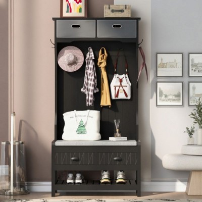 Entryway Hall Tree With Upholstered Storage Bench, 69" 3-in-1 Hall Tree With 6 Hooks, 2 Boxes And 2 Drawers, Bottom Open Shelf For Hallway Bedroom