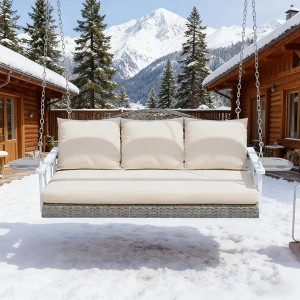 ORRD 3 Person Outdoor Porch Swing with Cushions, 794lb Capacity All-Weather Hanging Bench, Cup Holders & PE Wicker, Natural Wood/Beige - 1 of 4