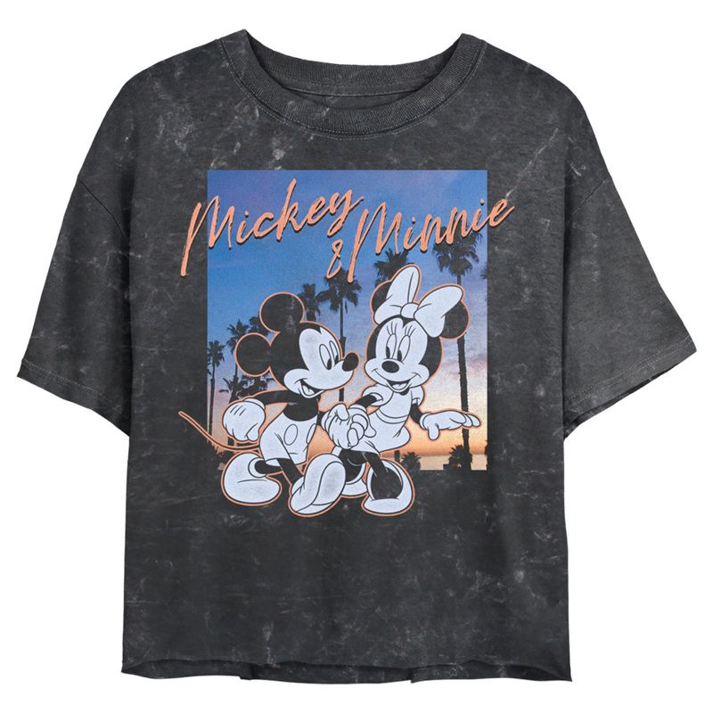 Juniors Womens Mickey & Friends Sunset Palm Trees Mickey and Minnie Mineral Wash Crop T-Shirt, 1 of 5