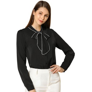 INSPIRE CHIC Women's Tie Neck Contrast Color Button Down Long Sleeves Shirt - 1 of 4
