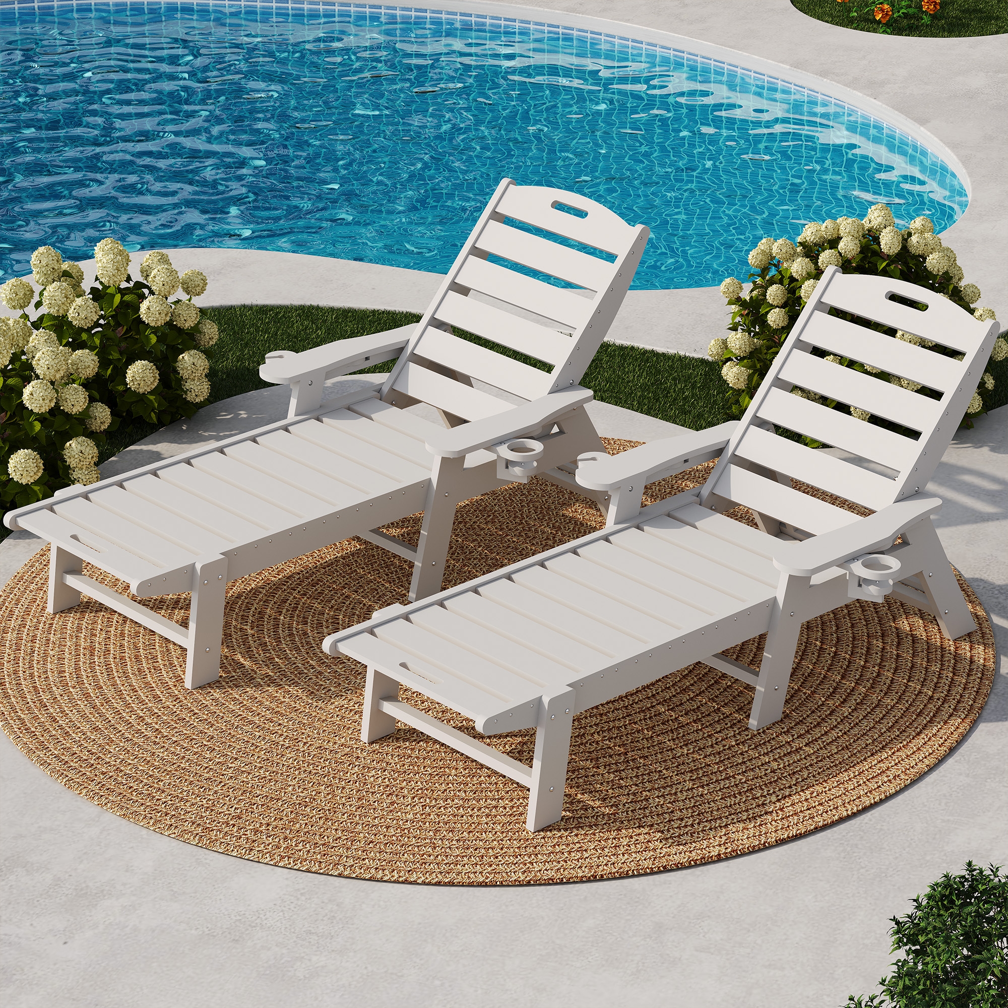 HDPE Chaise Lounge Outdoor for Outside, HDPE 5-Position Patio Lounge Chair with Cup Holder, Resin Pool Lounger Chair