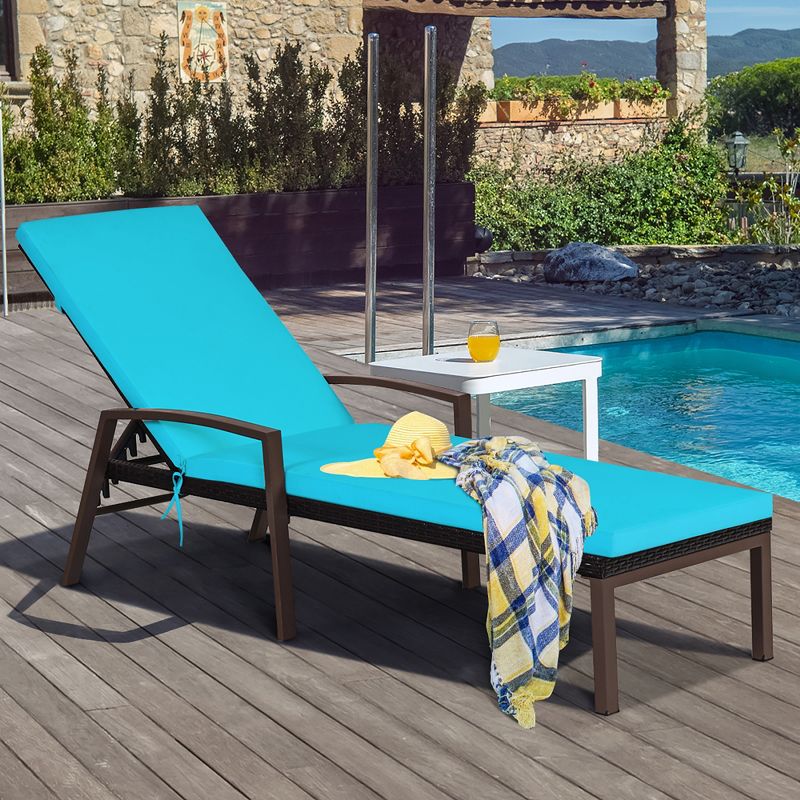 Costway Patio Rattan Lounge Chair Chaise Recliner Back Adjustable w/Cushion Turquoise, 1 of 9