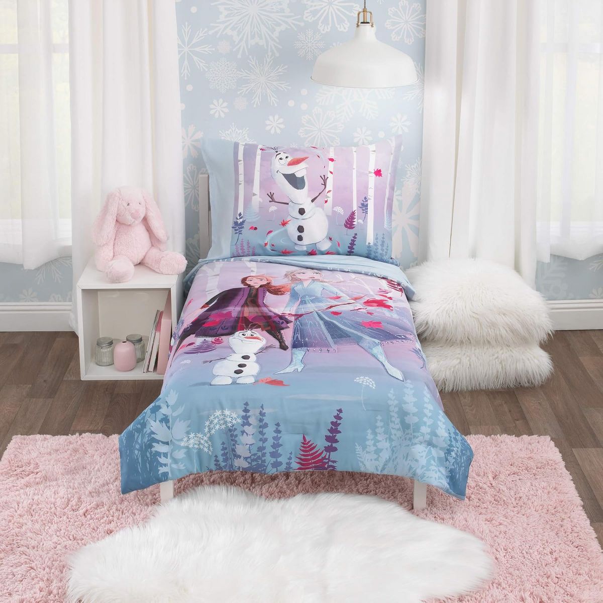 Disney Frozen 4-Piece Toddler Bedding Set, Elsa, Anna & Olaf Comforter, Sheets & Pillowcase, Ice Blue and Lavender - thumbnail 2