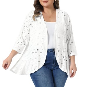 Women's Plus Size Eyelet Open Front 3/4 Sleeve Draped Ruffle Netted Knit Casual Cardigans - Agnes Orinda - 1 of 4