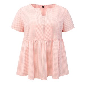 Women's Plus Size 100% Cotton Gingham Notch Neck Short Sleeve Flowy Casual Summer Babydoll Blouses - GRACE & GRANDEUR - 1 of 4