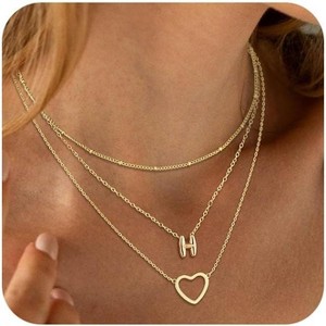 14K Gold Plated Initial Necklace, Layered Heart & A-Z Letter Personalized Gift for Women - 1 of 4