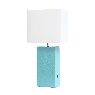 Modern Leather Table Lamp with USB and Fabric Shade Aqua - Elegant Designs