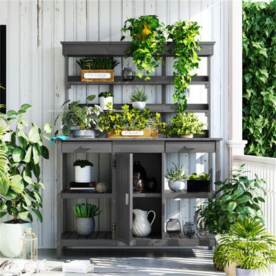 SKRAN 66" Large Outdoor Farmhouse Wooden Potting Bench Table, Garden Workstation with 2 Drawers,Cabinet and Open Shelves for Backyard, Mudroom,Gray