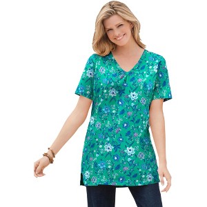 Woman Within Perfect Printed Short-Sleeve Shirred V-Neck Tunic - 1 of 4
