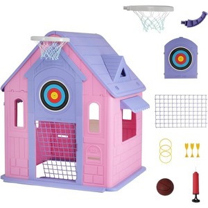 GustoWave Kids Cottage Playhouse – Indoor/Outdoor Playhouse with Magnetic Dartboard, Basketball Hoop, Ring Toss & Soccer Goal - 1 of 4